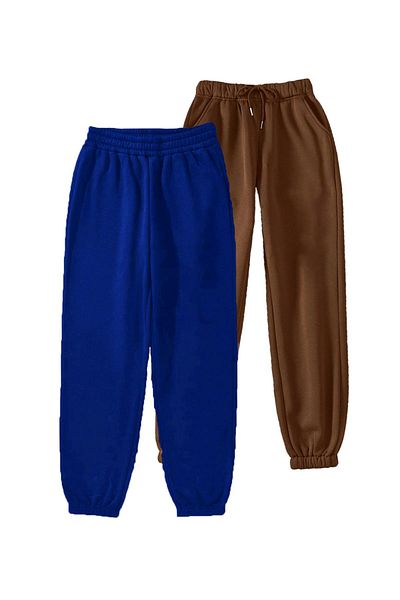Mythologie 2-pack Basic Straight Jogger Sweatpants - Καφέ και Saks Μπλε λαστιχένιο πόδι ψηλόμεσο καλοκαίρι