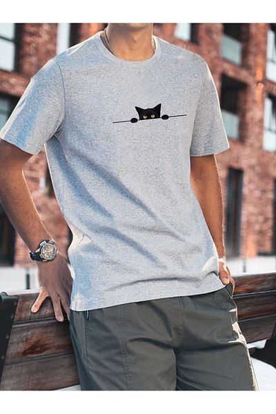 Mythologie Μπλουζάκι Cat Design - Γκρι εμπριμέ κοντό μανίκι με λαιμόκοψη