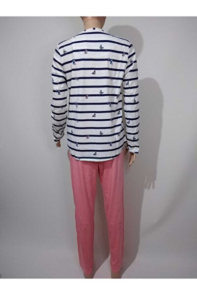 VİENETTA Жіночий темно-синій пудровий комплект піжами з круглим коміром, довгими рукавами, овальним подолом та бавовняним принтом метеликів.