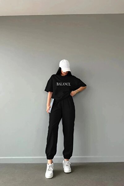 Mythologie Balance T-shirt Sweatpants Jogger - Black Printed Tracksuit Set Oversize Crew Neck