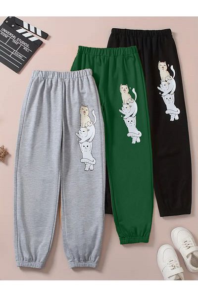 Mythologie 3 Pack Kitties Printed Jogger Sweatpants - Grey Nefti Green Μαύρο λαστιχένιο πόδι ψηλόμεσο καλοκαίρι
