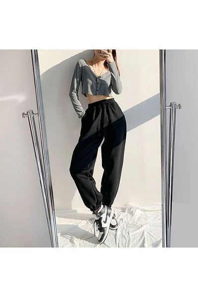 Mythologie Unprinted Basic Straight Sweatpants Jogger - Μαύρο λαστιχένιο πόδι ψηλόμεσο χειμώνα