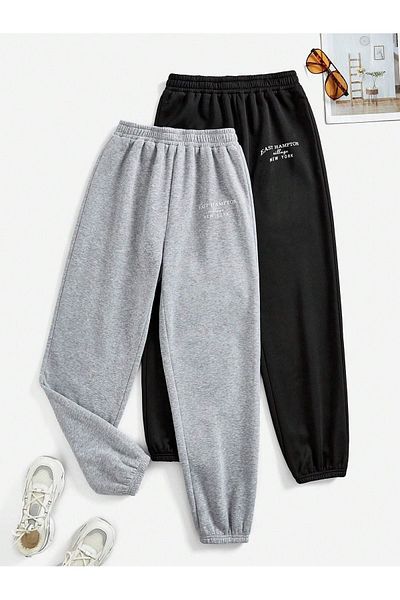 Mythologie Πακέτο με 2 παντελόνια Jogger με στάμπα East Hampton - Μαύρο γκρι λαστιχένιο ψηλόμεσο καλοκαίρι
