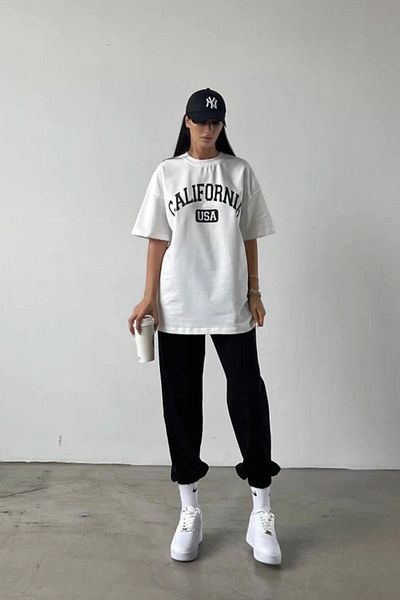 Mythologie Καλιφόρνια Usa T-shirt Sweatpants Jogger - Λευκό Μαύρο Σετ Φούτερ με στάμπα Oversize Crew Neck