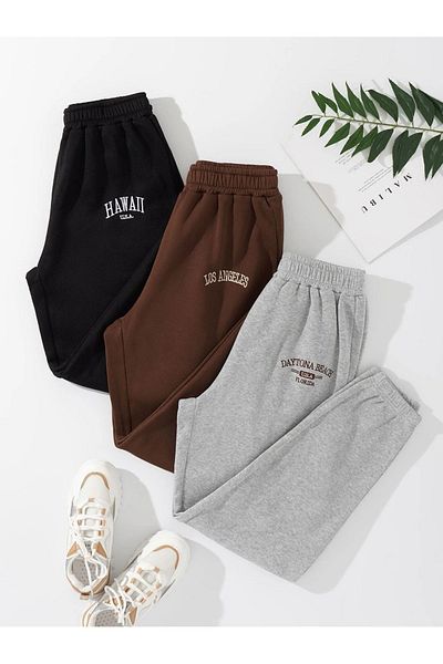 Mythologie 3-pack Minimal printed Jogger Sweatpants - Μαύρο γκρι και καφέ ελαστικό πόδι ψηλόμεσο καλοκαίρι