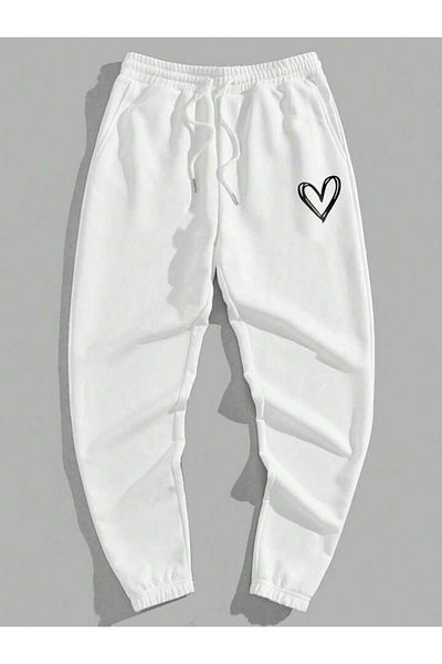 Mythologie Heart Logo Sweatpants Jogger - Λευκό εμπριμέ λαστιχένιο πόδι ψηλόμεσο χειμώνα