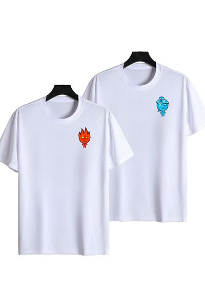 Mythologie Couple Lover Combination T-Shirt - Fire and Water 2-Pece, White Print, Oversized Crew Neck, Κοντό μανίκι