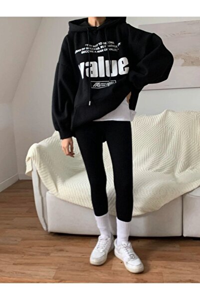 MODARİCH Value Sweatshirt - Black Printed Oversize Ribbon Hoodie