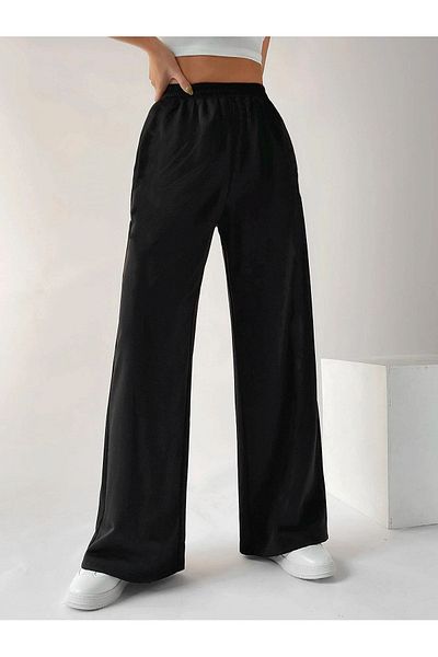 Mythologie Flared Leg Basic Plain Sweatpants Jogger - Black Women's Wide Leg High Waist Winter