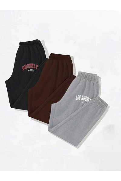 Mythologie 3-Piece City Printed Jogger Sweatpants - Μαύρο Γκρι και Καφέ Καουτσούκ Πόδι Ψηλόμεσο Καλοκαίρι