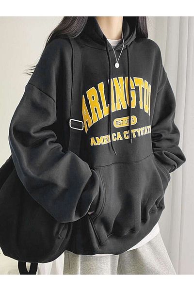 MODARİCH Φούτερ Arlington - Μαύρο εμπριμέ Oversize Ribbed Hoodie
