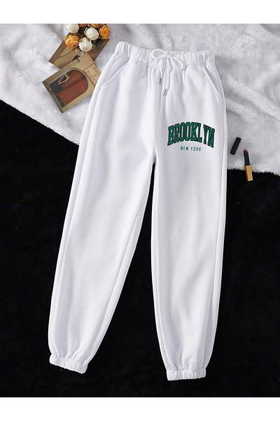 Mythologie Brooklyn New York Sweatpants Jogger - Λευκό εμπριμέ λαστιχένιο πόδι ψηλόμεσο χειμώνα