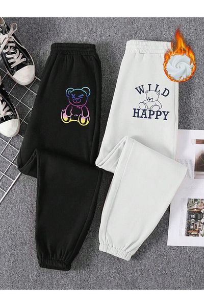 Mythologie Ψηλόμεσο ελαστικό πόδι - 2 Pack Wild Happy Bears Jogger Sweatpants, Ασπρόμαυρο εμπριμέ χειμώνα