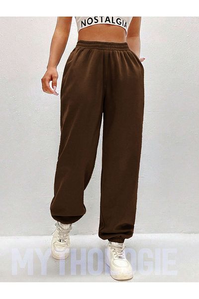 Mythologie Basic Unprinted Sweatpants Jogger - Καφέ λαστιχένιο πόδι ψηλόμεσο χειμώνα