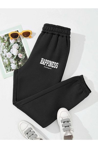 Mythologie Happiness Sweatpants Jogger - Μαύρο εμπριμέ λαστιχένιο πόδι ψηλόμεσο χειμώνα