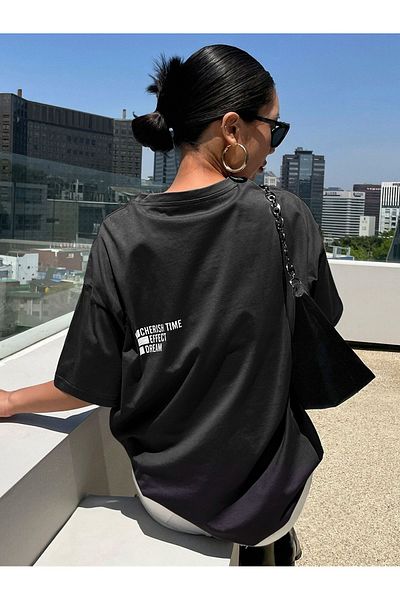 Mythologie Cherish Time T-Shirt - Black Printed Oversize Crew Neck Short Sleeve