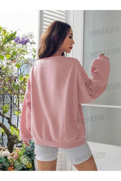 MODARİCH Pink Babe Gen-Z Winter Thick Sweatshirt - Powder Pink printed Oversize Ribbed Crew Neck