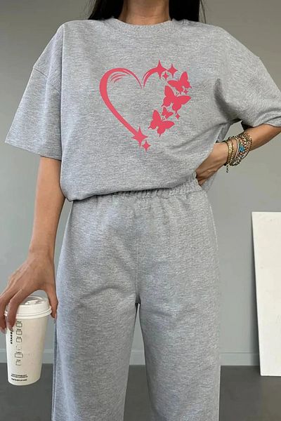 Mythologie Μπλουζάκι Butterfly Heart Sweatpants Jogger - Σετ αθλητικής φόρμας με γκρι στάμπα Oversize Crew Neck