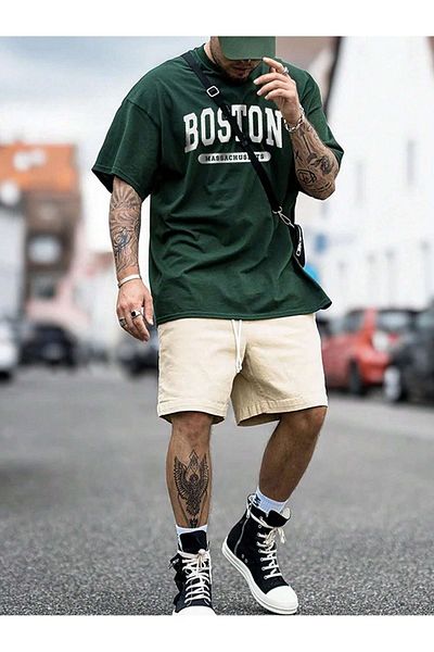 Mythologie Μπλουζάκι Boston Massachusetts - Nefti Green Printed Oversize Crew Neck με κοντό μανίκι
