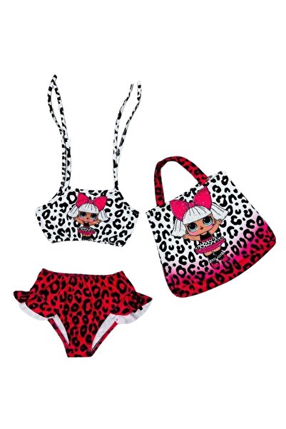 MODARVİ Kız Çocuk Çantalı Fırfırlı Lol Baskılı Üçlü Bikini Takımı