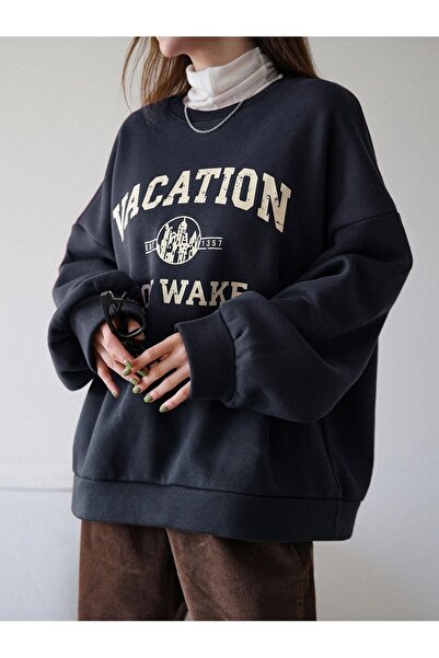MODARİCH Vacition Sweatshirt - Lacivert Baskılı Oversize Şardonlu Bisiklet Yaka