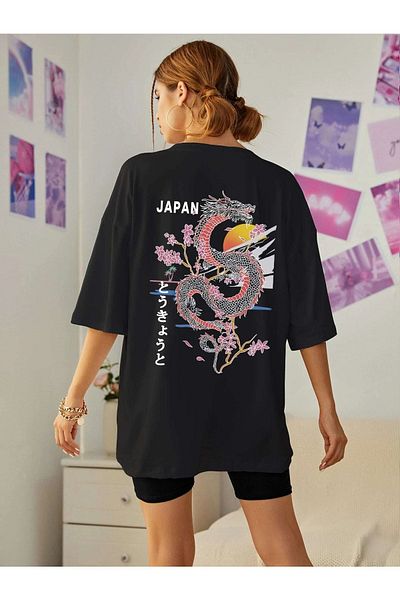 Mythologie Μπλουζάκι Japan Dragon - Μαύρο, εμπριμέ, oversize, λαιμόκοψη, κοντό μανίκι