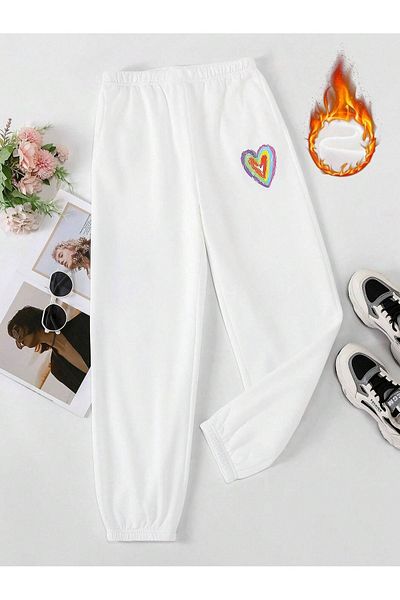Mythologie Πολύχρωμο Minimal Heart Sweatpants Jogger - Λευκό εμπριμέ λαστιχένιο πόδι ψηλόμεσο χειμώνα