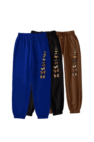 Mythologie Μοτίβο πεταλούδας - Τριπλό εμπριμέ Jogger Sweatpants-Sax Μπλε μαύρο και καφέ ελαστικό πόδι