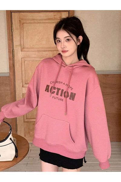 MODARİCH Action Future Winter Thick Sweatshirt - Powder Pink Printed Oversize Shawl Hooded
