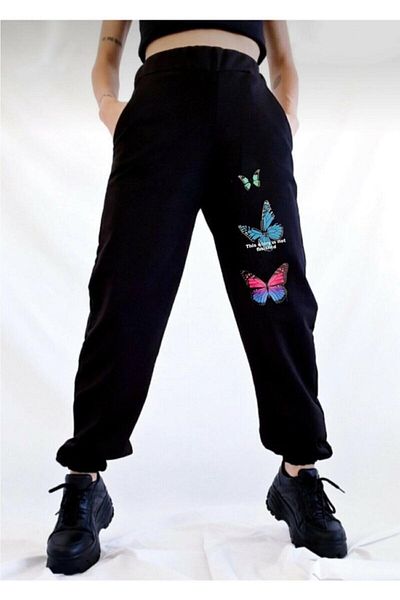 Mythologie Butterflies Sweatpants Jogger - Μαύρο εμπριμέ λαστιχένιο πόδι ψηλόμεσο χειμώνα
