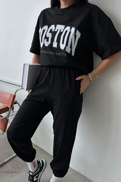 Mythologie Boston Massachusett T-shirt Sweatpants Jogger - Σετ φόρμας με μαύρη στάμπα Oversize Crew Neck