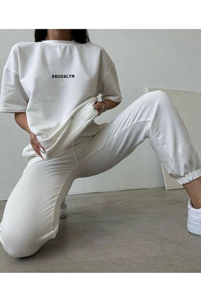 Mythologie Brooklyn Logo T-shirt Sweatpants Jogger - White Printed Tracksuit Set Oversize Crew Neck