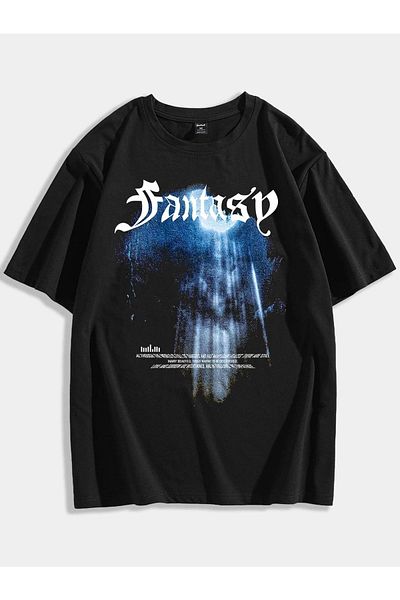 Mythologie T-shirt Fantasy - Μαύρο, εμπριμέ, oversize, λαιμόκοψη, κοντό μανίκι