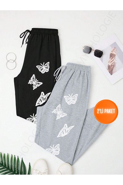 Mythologie 2 Pack Mini Butterfly Sweatpants Jogger - Μαύρο και γκρι εμπριμέ λαστιχένιο πόδι ψηλόμεσο καλοκαίρι