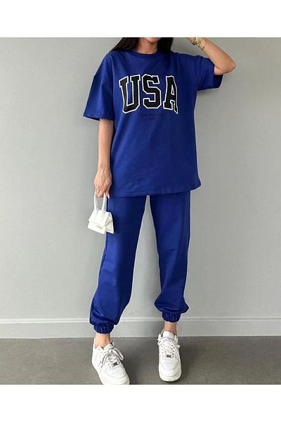 Mythologie Usa T-shirt Sweatpants Jogger - Σετ φόρμας με μπλε στάμπα Sax Oversize Crew Neck