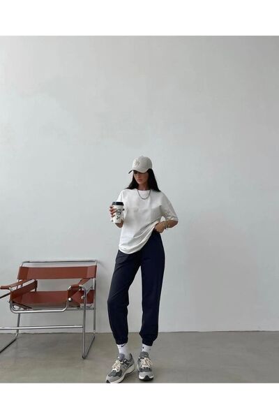 Mythologie Basic Plain T-shirt Sweatpants Jogger - Λευκό Μαύρο Σετ Φούτερ Oversize Crew Neck