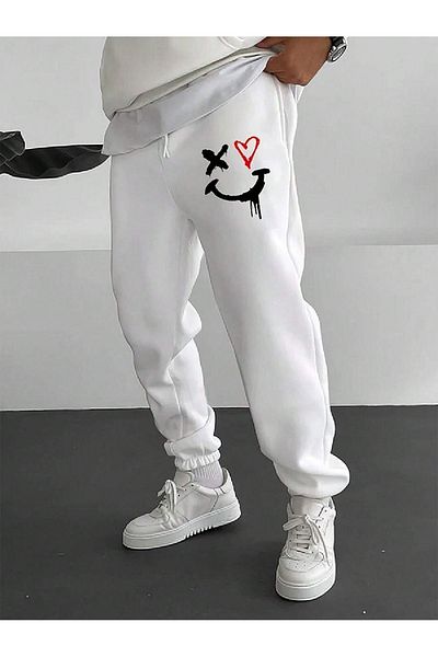 Mythologie Heart Face Sweatpants Jogger - Λευκό εμπριμέ ελαστικό πόδι ψηλόμεσο χειμώνα