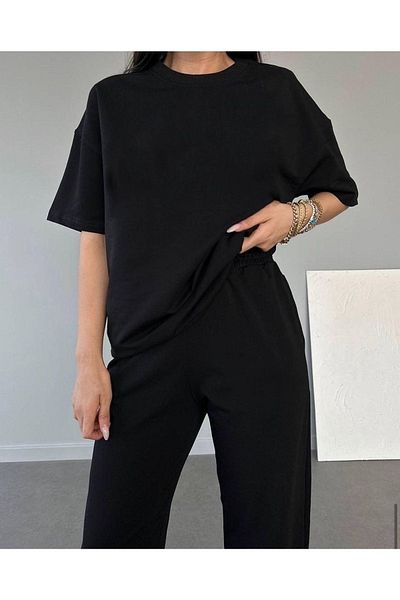 Mythologie Basic Plain T-shirt Sweatpants Jogger - Μαύρο Σετ Φούτερ Oversize Crew Neck