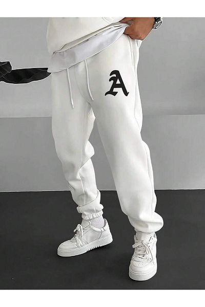 Mythologie A Logo Sweatpants Jogger - White Printed Rubber Leg High Waist Winter