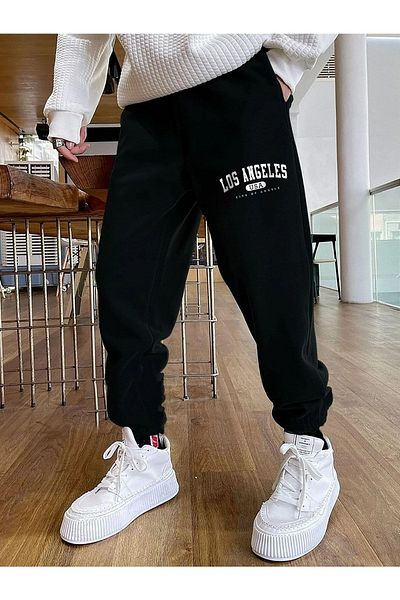 Mythologie Los Angeles USA Sweatpants Jogger - Black Printed Elastic Leg High Waist Winter