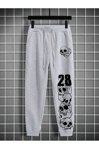 Mythologie 28 Skull Sweatpants Jogger - Γκρι εμπριμέ λαστιχένιο πόδι ψηλόμεσο χειμώνα