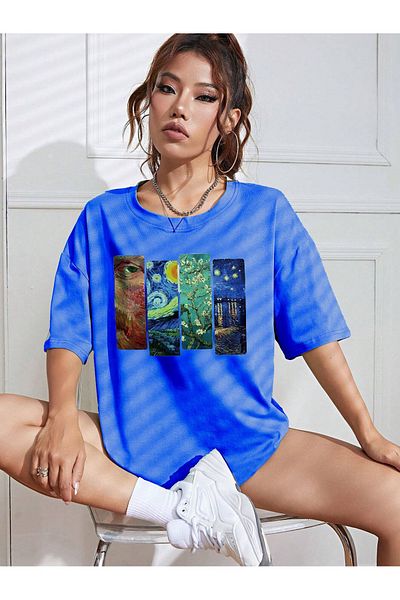 Mythologie Μπλουζάκι Van Gogh Works - Sax Blue Printed Oversize Crew Neck με κοντό μανίκι