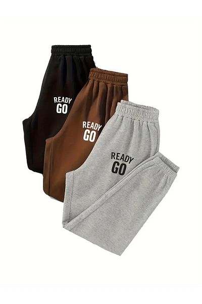 Mythologie 3-Pece Ready Go Printed Jogger Sweatpants - Μαύρο καφέ γκρι λαστιχένιο πόδι ψηλόμεσο καλοκαίρι