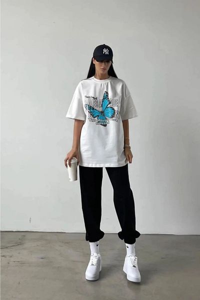 Mythologie Κανόνες Butterfly T-shirt Sweatpants Jogger - Λευκό Μαύρο εμπριμέ κοστούμι αθλητικής φόρμας Oversize Crew Neck