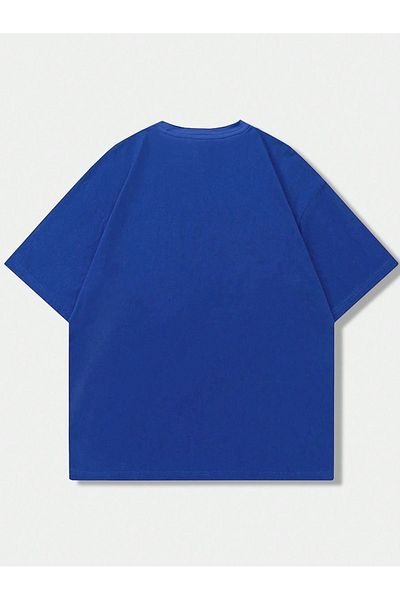 Mythologie Μπλουζάκι με μοτίβο ετικέτας - Sax Blue Printed Oversize Crew Neck Κοντό μανίκι