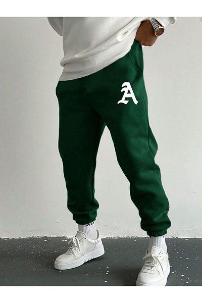 Mythologie Ψηλόμεσο Nefti Green Printed Unisex Winter Sweatpants - Λαστιχένιο πόδι