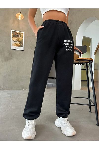 Mythologie Costs Sweatpants Jogger - Μαύρο εμπριμέ λαστιχένιο πόδι ψηλόμεσο χειμώνα