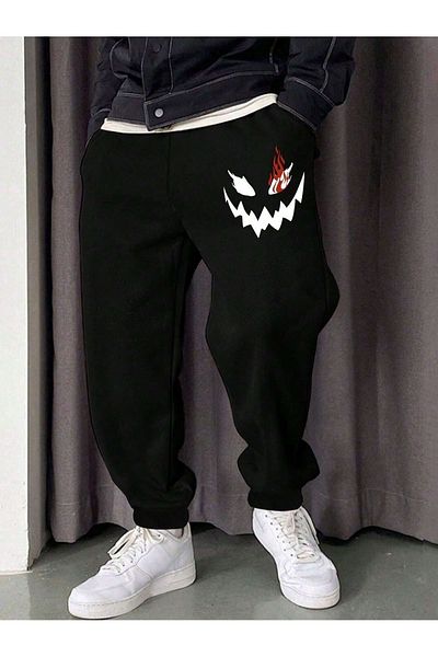 Mythologie Flaming Face Sweatpants Jogger - Black Printed Elastic Leg High Waist Winter