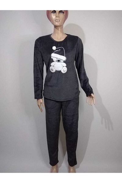 VİENETTA Set pijamale din catifea cu mâneci lungi, culoare antracit, cu gât rotund - 76% bumbac