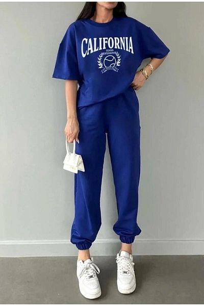 Mythologie Καλιφόρνια Tennis T-shirt Sweatpants Jogger - Σετ αθλητικής φόρμας με μπλε στάμπα Oversize Crew Neck